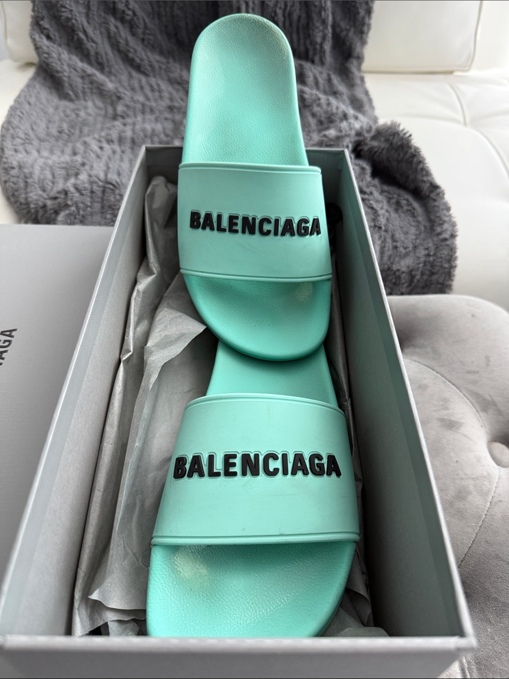 Balenciaga Mint Aqua Logo Slide Sandals